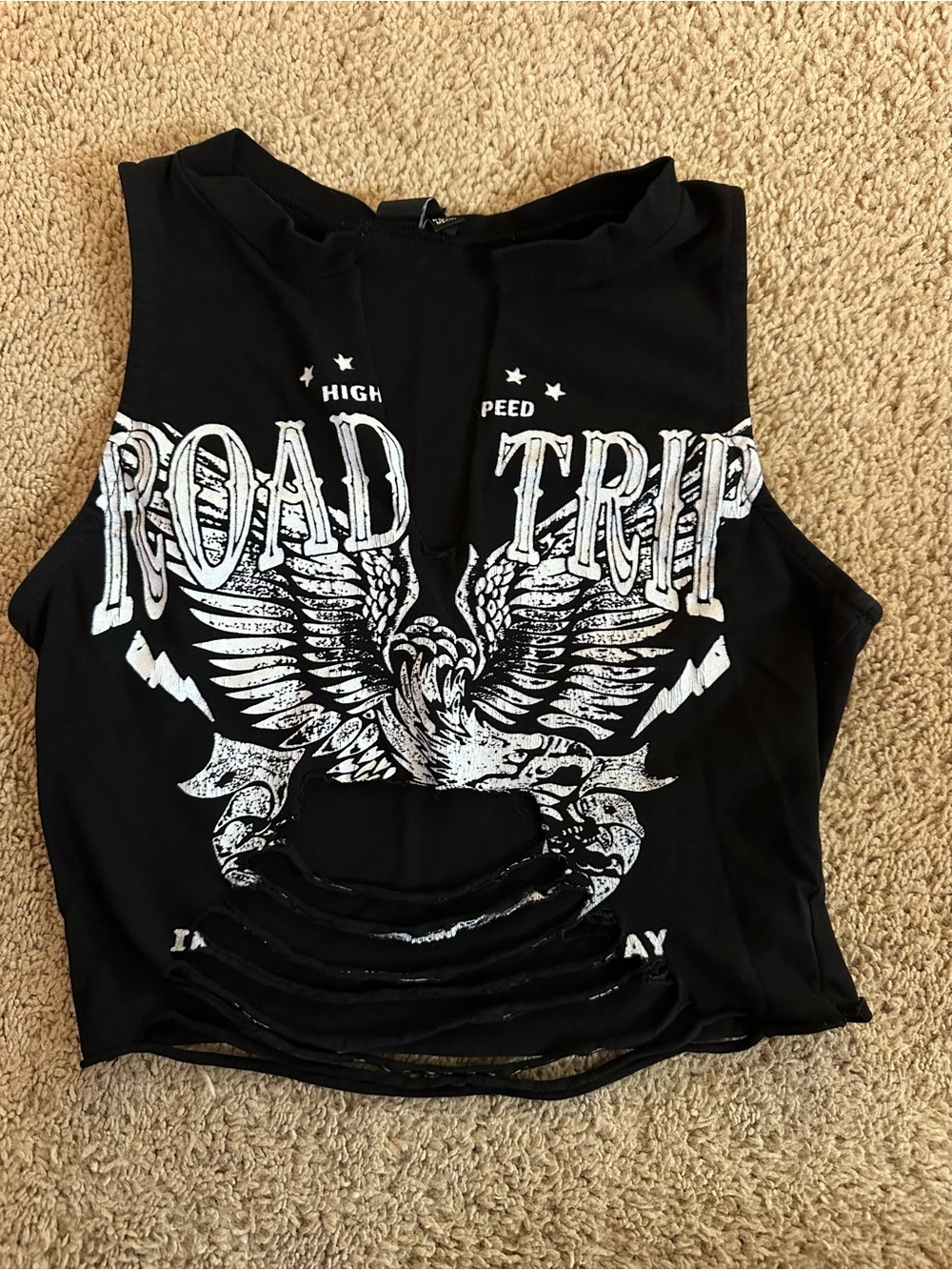 Windsor Black 'Road Trip' Graphic Cutout Crop Tank Top.